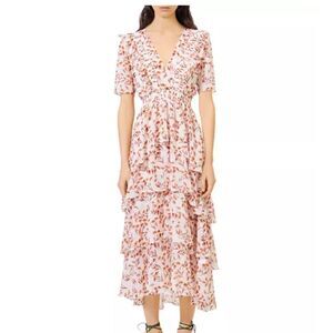 Floral V-Neck Ruffle Dress Orange. MAJE
Romina Tiered Floral-Print Chiffon Small